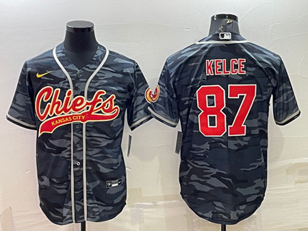 Men's Kansas City Chiefs Blank #87 Travis Kelce Gray/Navy Camo With Patch Cool Base Stitched Baseball Jersey